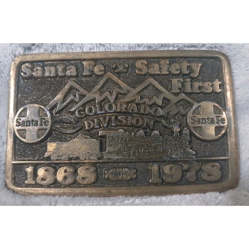 Vtg ATSF Santa Fe Railroad Belt Buckle Colorado Div Mountain‎ Route Safety 70s